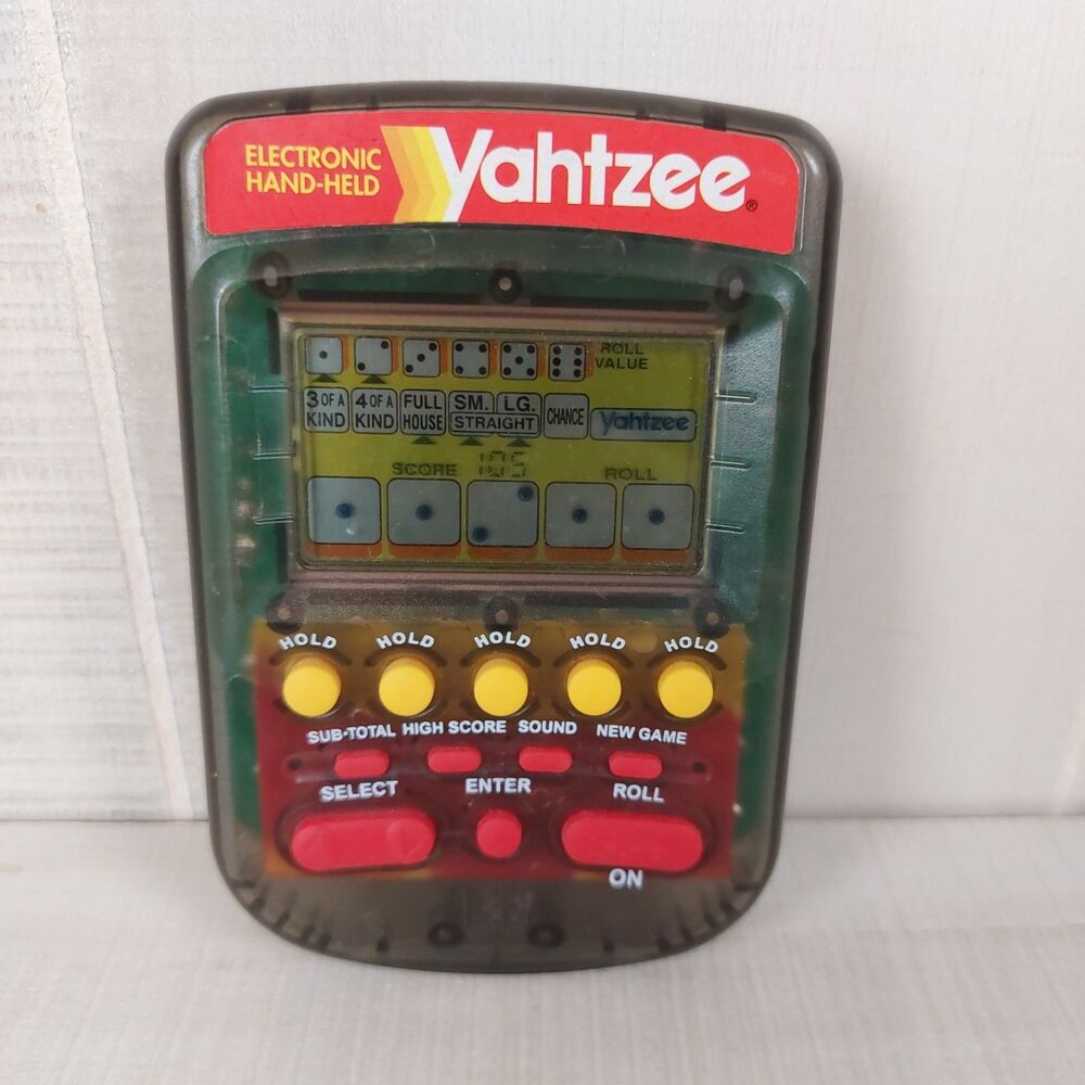 VTG Milton Bradley 1995 Electronic Handheld Yahtzee Game Clear Smoke Works